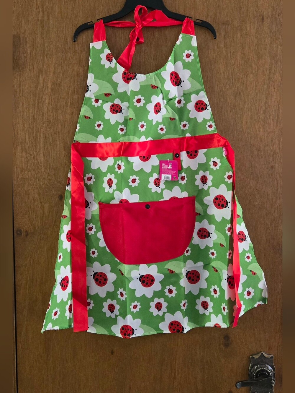 2 Girls' Green Floral Ladybug Apron with Red Pocket Accent